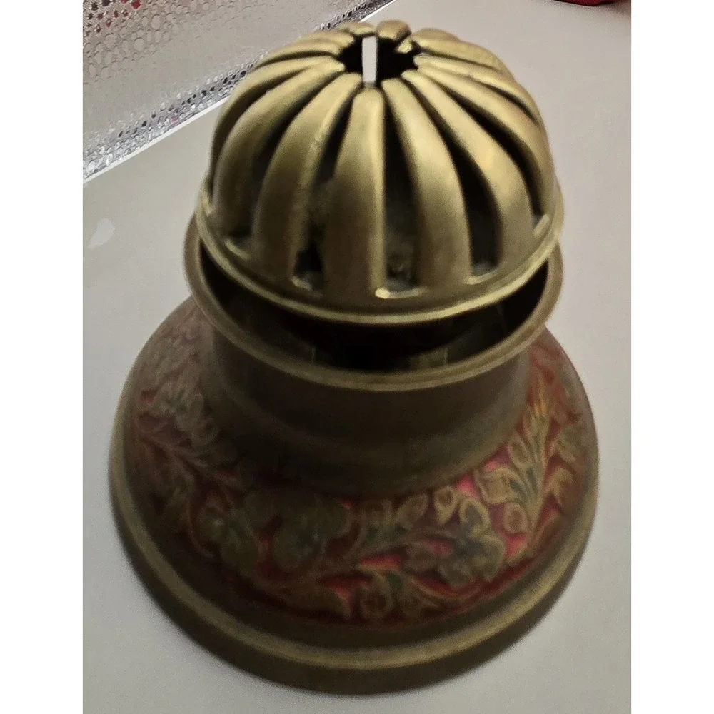 1940s Solid Brass Elephant Claw Bell Red & Green Inlayed Floral Pattern 2 Pieces